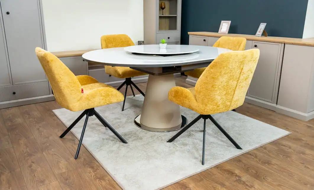 Set Masă Living Extensibilă CT163 Blat Ceramic Alb cu 4 Scaune Rotative KJC4347 Galbene 10