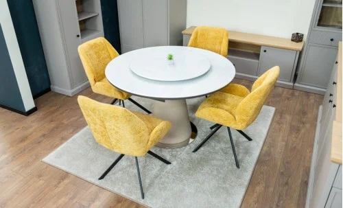 Set Masă Living Extensibilă CT163 Blat Ceramic Alb cu 4 Scaune Rotative KJC4347 Galbene