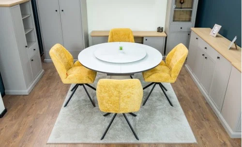 Set Masă Living Extensibilă CT163 Blat Ceramic Alb cu 4 Scaune Rotative KJC4347 Galbene