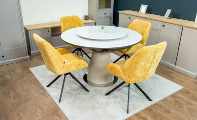 Set Masă Living Extensibilă CT163 Blat Ceramic Alb cu 4 Scaune Rotative KJC4347 Galbene