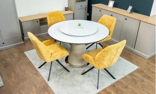 Set Masă Living Extensibilă CT163 Blat Ceramic Alb cu 4 Scaune Rotative KJC4347 Galbene