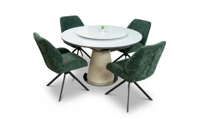 Set Masă Living Extensibilă CT163 Blat Ceramic Alb cu 4 Scaune Rotative KJC4347 Verzi