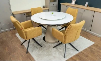 Set Masă Living Extensibilă CT163 Blat Ceramic Alb cu 4 Scaune Rotative KJC77 Galbene