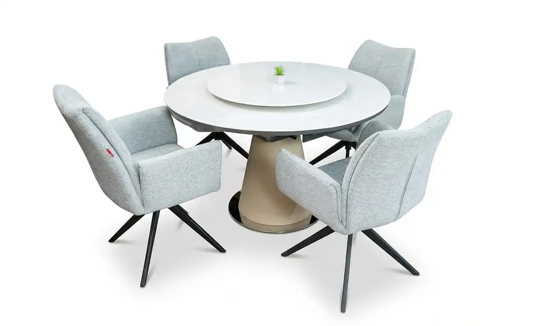 Set Masă Living Extensibilă CT163 Blat Ceramic Alb cu 4 Scaune Rotative KJC77 Gri Deschis 1