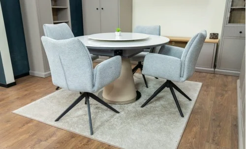 Set Masă Living Extensibilă CT163 Blat Ceramic Alb cu 4 Scaune Rotative KJC77 Gri Deschis