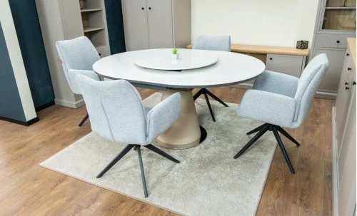 Set Masă Living Extensibilă CT163 Blat Ceramic Alb cu 4 Scaune Rotative KJC77 Gri Deschis