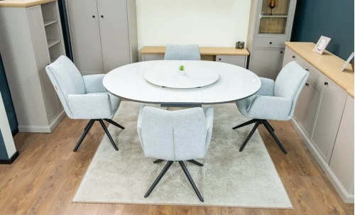 Set Masă Living Extensibilă CT163 Blat Ceramic Alb cu 4 Scaune Rotative KJC77 Gri Deschis