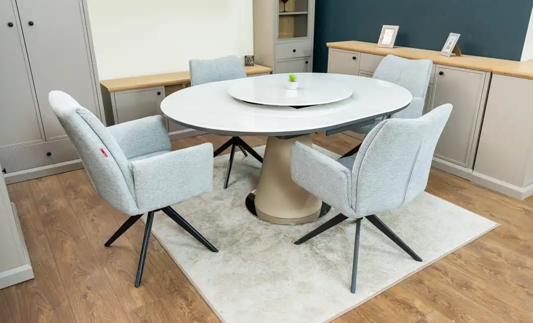 Set Masă Living Extensibilă CT163 Blat Ceramic Alb cu 4 Scaune Rotative KJC77 Gri Deschis 10