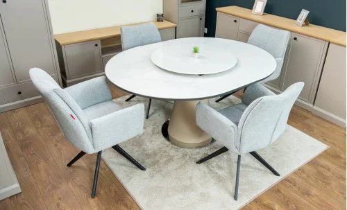 Set Masă Living Extensibilă CT163 Blat Ceramic Alb cu 4 Scaune Rotative KJC77 Gri Deschis