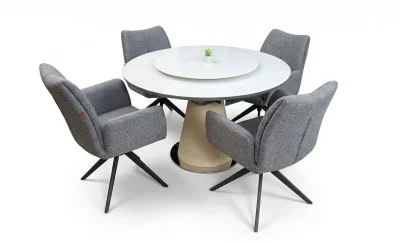 Set Masă Living Extensibilă CT163 Blat Ceramic Alb cu 4 Scaune Rotative KJC77 Gri Închis