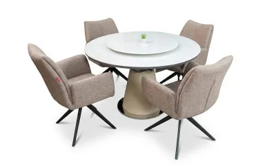 Set Masă Living Extensibilă CT163 Blat Ceramic Alb cu 4 Scaune Rotative KJC77 Maro