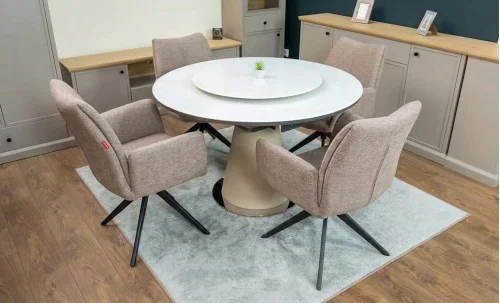 Set Masă Living Extensibilă CT163 Blat Ceramic Alb cu 4 Scaune Rotative KJC77 Maro