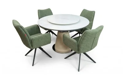 Set Masă Living Extensibilă CT163 Blat Ceramic Alb cu 4 Scaune Rotative KJC77 Verzi