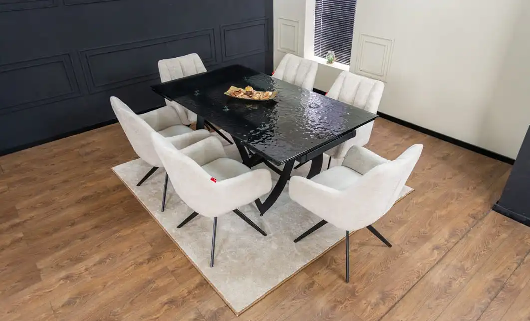 Set Masă Living Extensibilă CT241 Blat Sticlă Securizată Neagră cu 6 Scaune DCM0112AS Bej 1