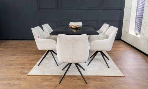 Set Masă Living Extensibilă CT241 Blat Sticlă Securizată Neagră cu 6 Scaune DCM0112AS Bej