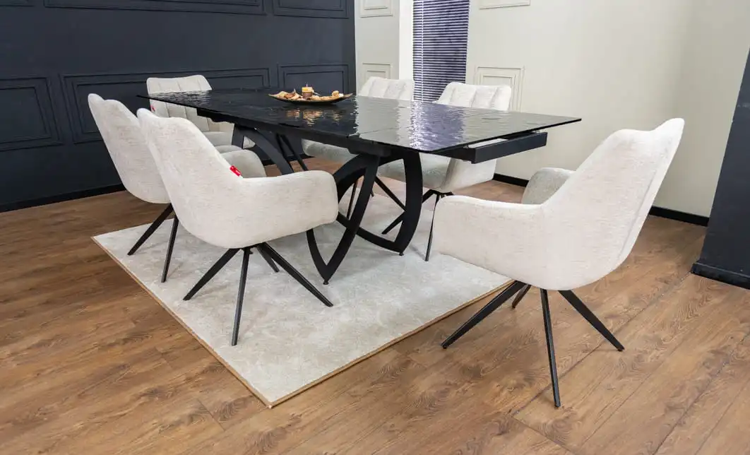 Set Masă Living Extensibilă CT241 Blat Sticlă Securizată Neagră cu 6 Scaune DCM0112AS Bej 2