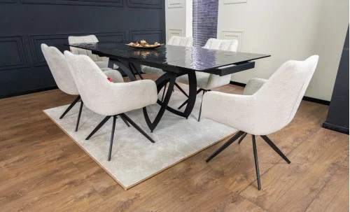 Set Masă Living Extensibilă CT241 Blat Sticlă Securizată Neagră cu 6 Scaune DCM0112AS Bej