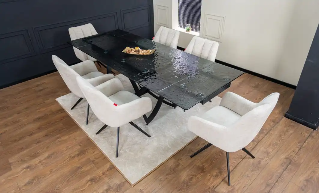 Set Masă Living Extensibilă CT241 Blat Sticlă Securizată Neagră cu 6 Scaune DCM0112AS Bej 4