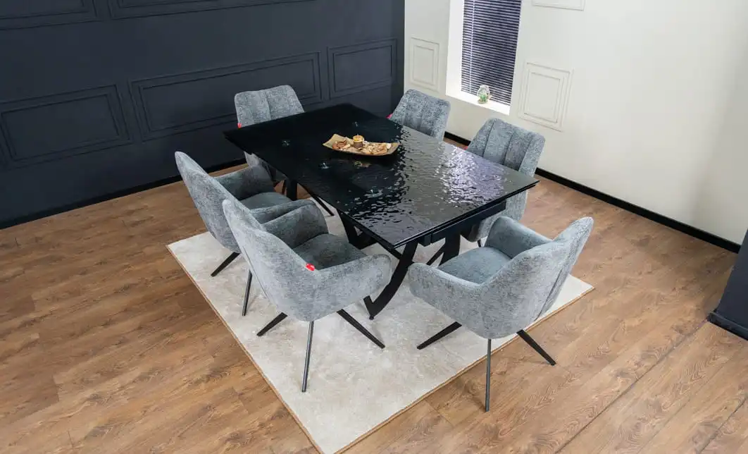 Set Masă Living Extensibilă CT241 Blat Sticlă Securizată Neagră cu 6 Scaune DCM0112AS Gri 1