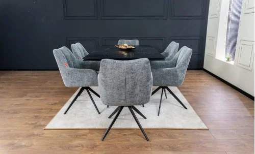 Set Masă Living Extensibilă CT241 Blat Sticlă Securizată Neagră cu 6 Scaune DCM0112AS Gri