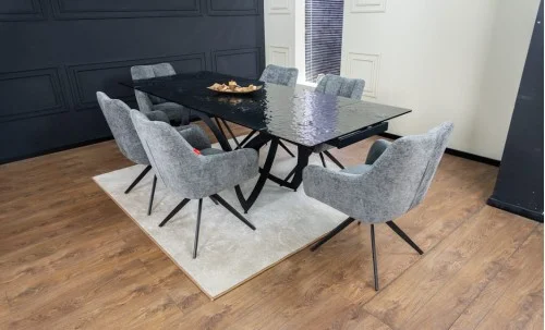 Set Masă Living Extensibilă CT241 Blat Sticlă Securizată Neagră cu 6 Scaune DCM0112AS Gri