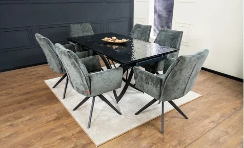 Set Masă Living Extensibilă CT241 Blat Sticlă Securizată Neagră cu 6 Scaune DCM0601AS Gri