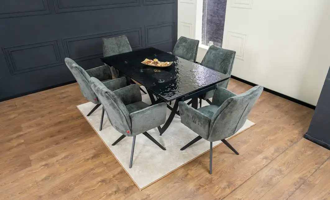 Set Masă Living Extensibilă CT241 Blat Sticlă Securizată Neagră cu 6 Scaune DCM0601AS Gri 3