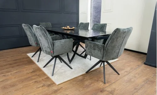 Set Masă Living Extensibilă CT241 Blat Sticlă Securizată Neagră cu 6 Scaune DCM0601AS Gri