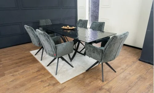 Set Masă Living Extensibilă CT241 Blat Sticlă Securizată Neagră cu 6 Scaune DCM0601AS Gri