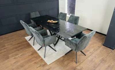 Set Masă Living Extensibilă CT241 Blat Sticlă Securizată Neagră cu 6 Scaune DCM0601AS Gri