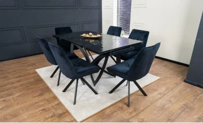 Set Masă Living Extensibilă CT241 Blat Sticlă Securizată Neagră cu 6 Scaune KJC356 Negre