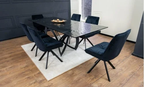 Set Masă Living Extensibilă CT241 Blat Sticlă Securizată Neagră cu 6 Scaune KJC356 Negre