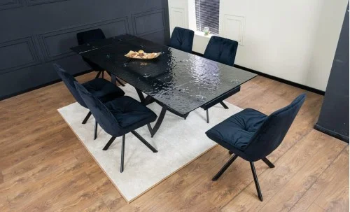 Set Masă Living Extensibilă CT241 Blat Sticlă Securizată Neagră cu 6 Scaune KJC356 Negre