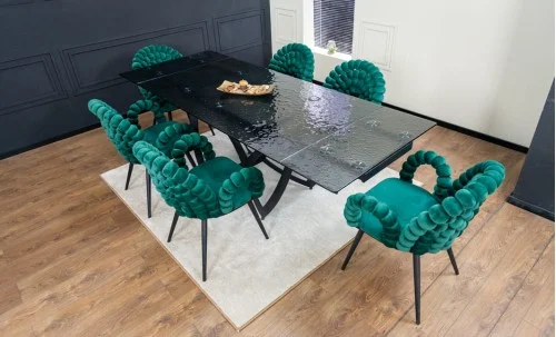 Set Masă Living Extensibilă CT241 Blat Sticlă Securizată Neagră cu 6 Scaune KJC376 Verzi