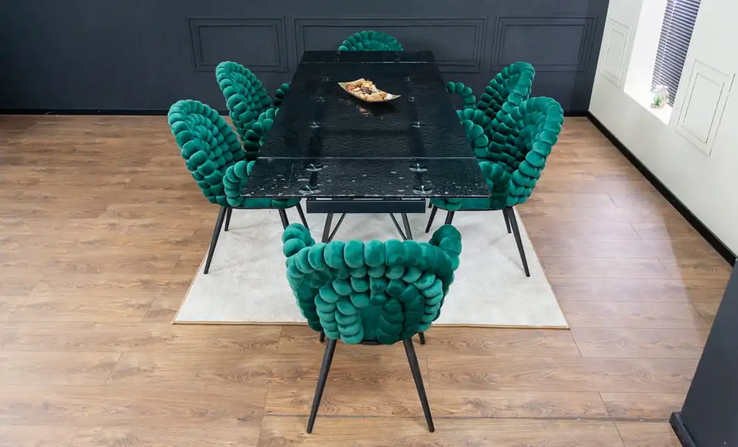 Set Masă Living Extensibilă CT241 Blat Sticlă Securizată Neagră cu 6 Scaune KJC376 Verzi 7