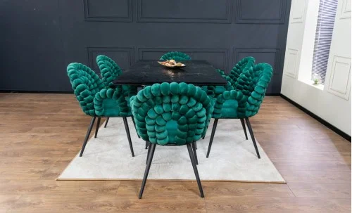 Set Masă Living Extensibilă CT241 Blat Sticlă Securizată Neagră cu 6 Scaune KJC376 Verzi