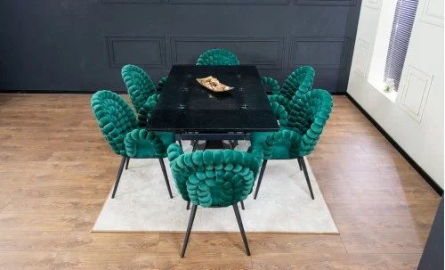 Set Masă Living Extensibilă CT241 Blat Sticlă Securizată Neagră cu 6 Scaune KJC376 Verzi