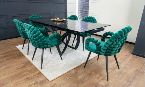 Set Masă Living Extensibilă CT241 Blat Sticlă Securizată Neagră cu 6 Scaune KJC376 Verzi