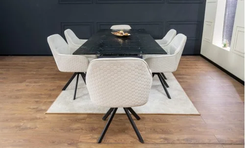 Set Masă Living Extensibilă CT241 Blat Sticlă Securizată Neagră cu 6 Scaune KJC3846 Bej
