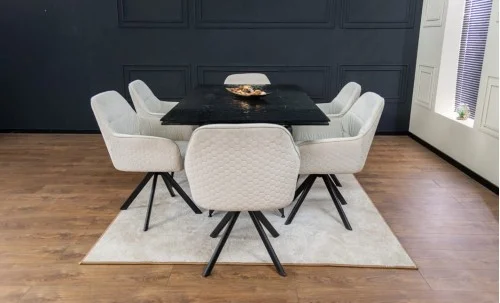 Set Masă Living Extensibilă CT241 Blat Sticlă Securizată Neagră cu 6 Scaune KJC3846 Bej