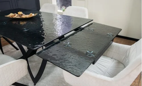 Set Masă Living Extensibilă CT241 Blat Sticlă Securizată Neagră cu 6 Scaune KJC3846 Bej