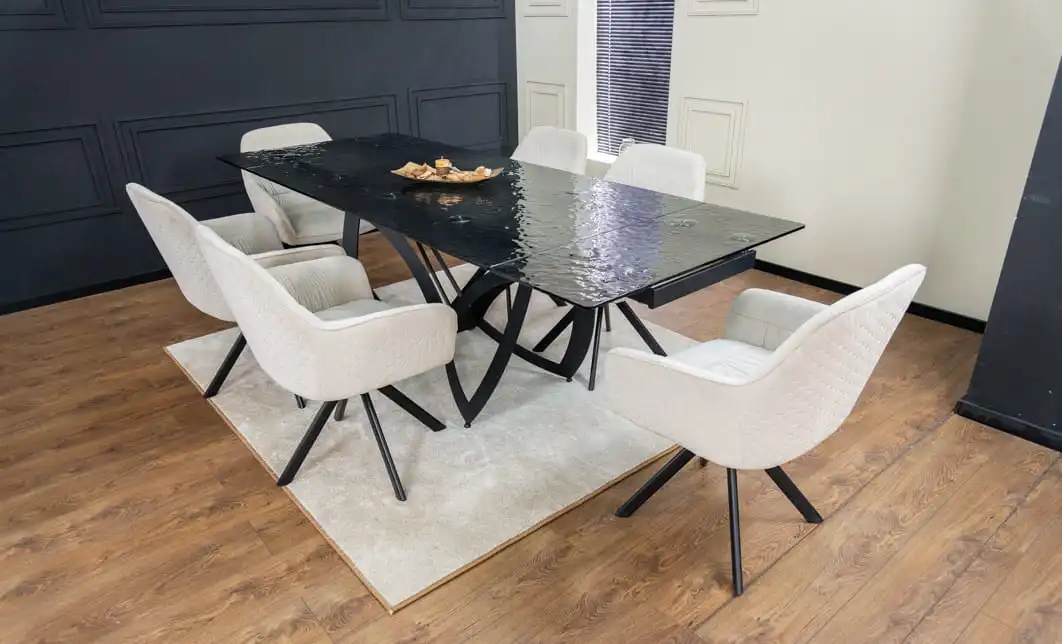 Set Masă Living Extensibilă CT241 Blat Sticlă Securizată Neagră cu 6 Scaune KJC3846 Bej 5