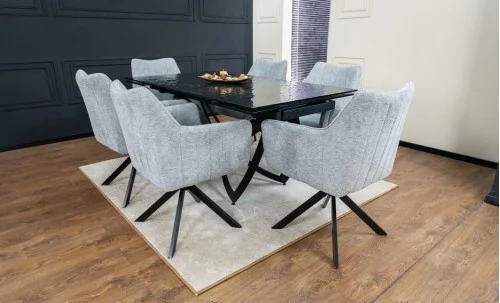 Set Masă Living Extensibilă CT241 Blat Sticlă Securizată Neagră cu 6 Scaune KJC385 Gri
