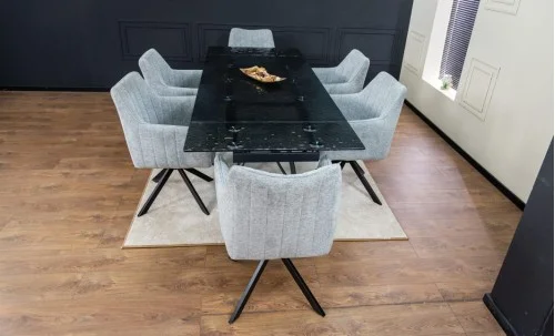 Set Masă Living Extensibilă CT241 Blat Sticlă Securizată Neagră cu 6 Scaune KJC385 Gri