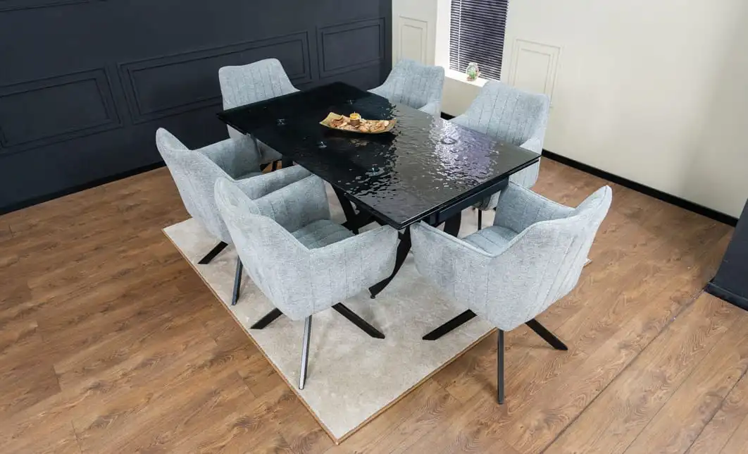 Set Masă Living Extensibilă CT241 Blat Sticlă Securizată Neagră cu 6 Scaune KJC385 Gri 1