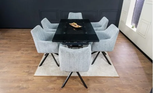 Set Masă Living Extensibilă CT241 Blat Sticlă Securizată Neagră cu 6 Scaune KJC385 Gri