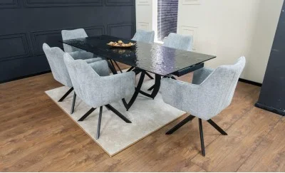 Set Masă Living Extensibilă CT241 Blat Sticlă Securizată Neagră cu 6 Scaune KJC385 Gri