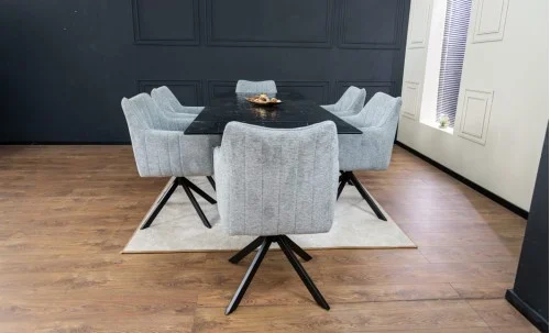 Set Masă Living Extensibilă CT241 Blat Sticlă Securizată Neagră cu 6 Scaune KJC385 Gri