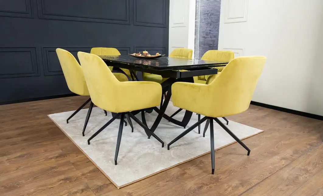 Set Masă Living Extensibilă CT241 Blat Sticlă Securizată Neagră cu 6 Scaune KJC4345 Muștar 2