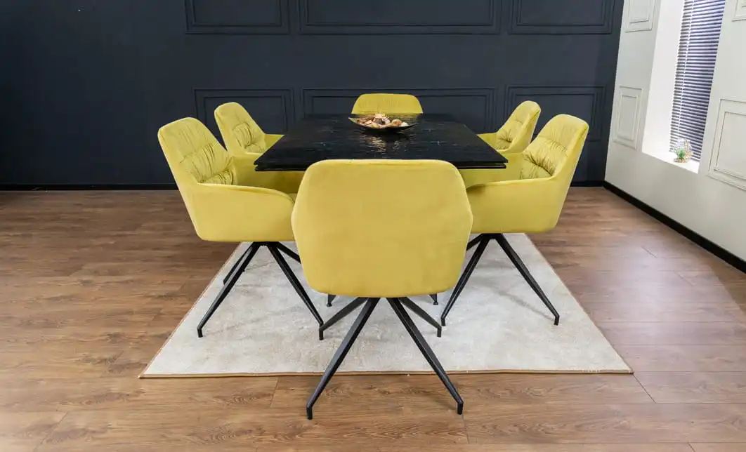 Set Masă Living Extensibilă CT241 Blat Sticlă Securizată Neagră cu 6 Scaune KJC4345 Muștar 8